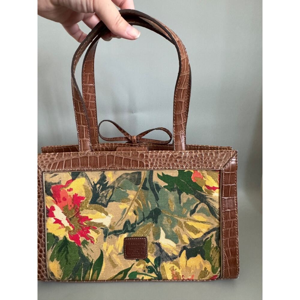 Vintage Liz Claiborne Floral Fabric Handbag Faux Leather Trim Botanical Print - Picture 7 of 15